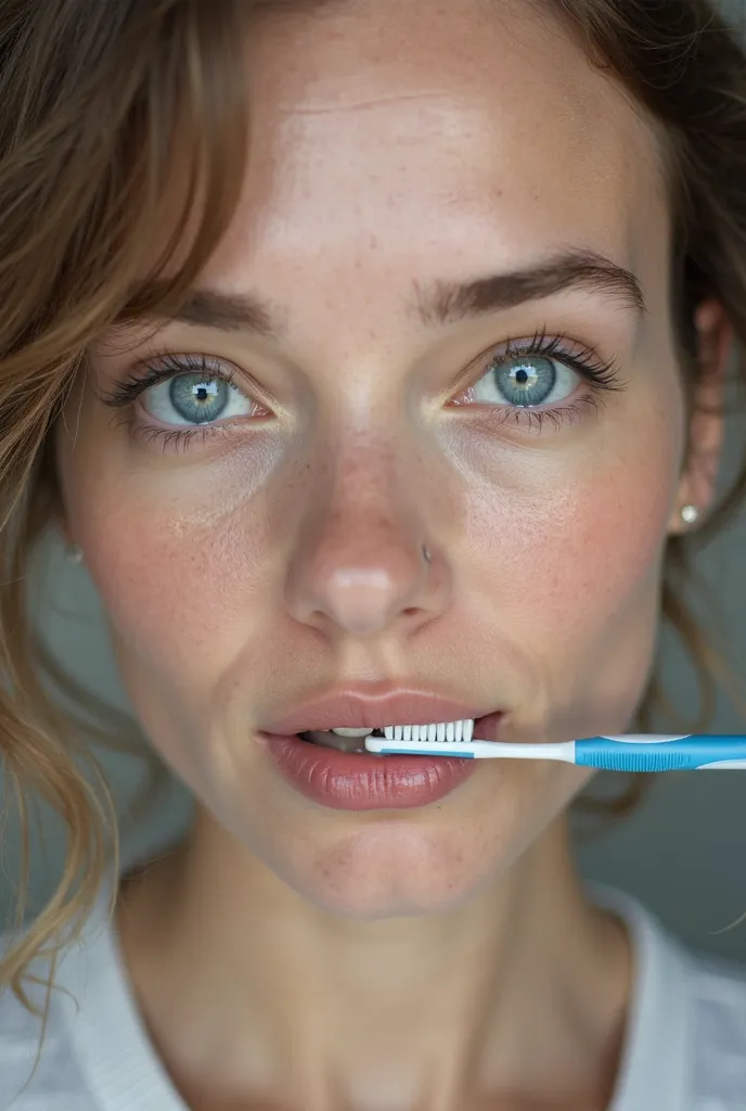 there is a woman with a tooth brush in her mouth, a picture by Anna Haifisch, reddit, photorealism, blue / grey eyes, pale blue eyes!, pale blue eyes, blue grey eyes, clear blue eyes, pretty blueeyes, bright pale blue eyes, light blue eyes, blue watery eye...