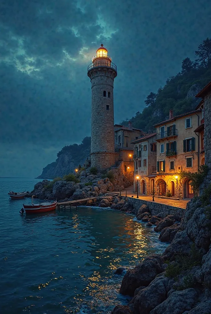 At night, there is a lighthouse and boats with Italian houses 