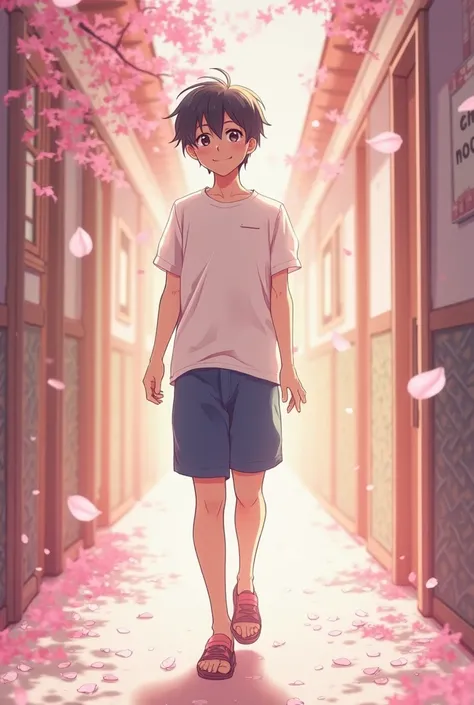 "An anime-style illustration of a shy schoolboy with tan skin, short black hair, wearing a white school shirt and blue shorts, walking towards the classroom corridor and smiling while greeting. The atmosphere has a soft pink hue, with petals gently falling...