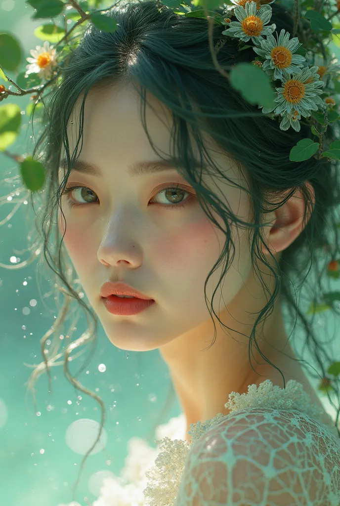 Lifelike rendering in color transparent ink，Alcoholic water+ Glow Rendering ， backlit， Translucent ，A beautiful oriental girl，Green Hair，Holographic transparent material broken bandage，Dull leaves and water stream entwined， indifferent light eyestrain ，Clo...