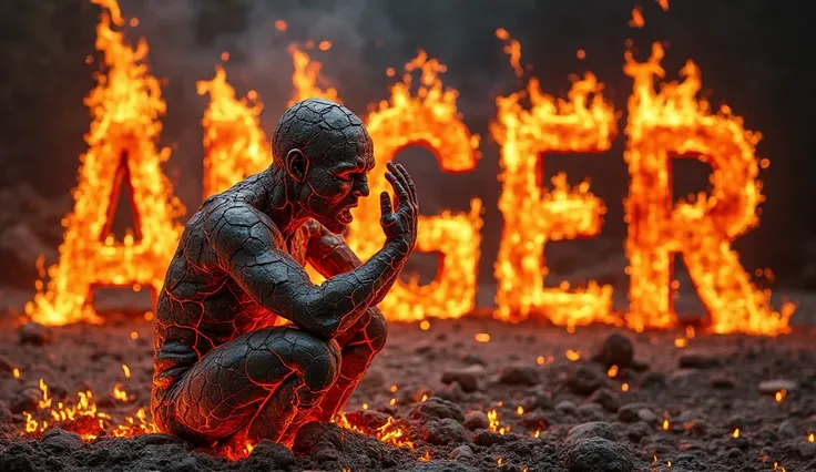 A human figure made of cracked lava, with flames bursting from the cracks, symbolizing uncontrolled anger. The person is screaming or gripping their head in frustration. Behind them, a massive, shadowy "ANGER" demon looms, whispering in their ear. The word...