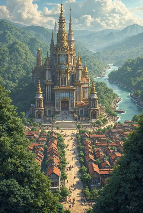 A city in the middle of which is a large palace, around it, homes, and behind the houses, a jungle, and there is a large river in the forest. 