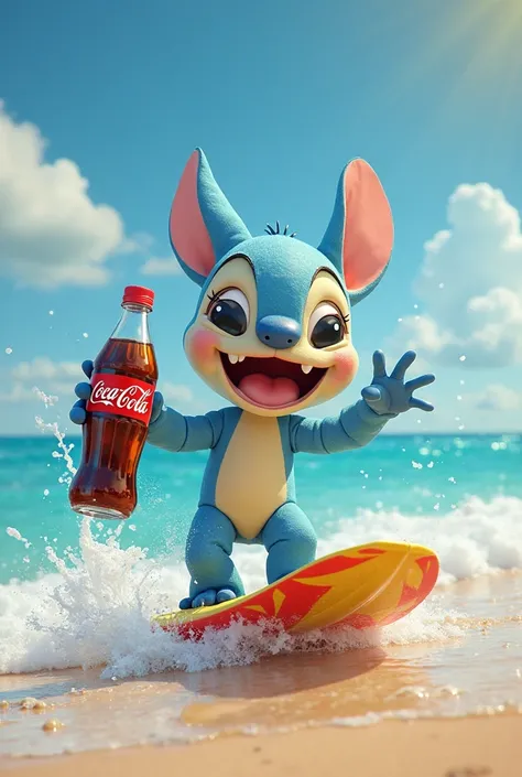 A Stitch on the beach surfing with a Coca-Cola in his hand 