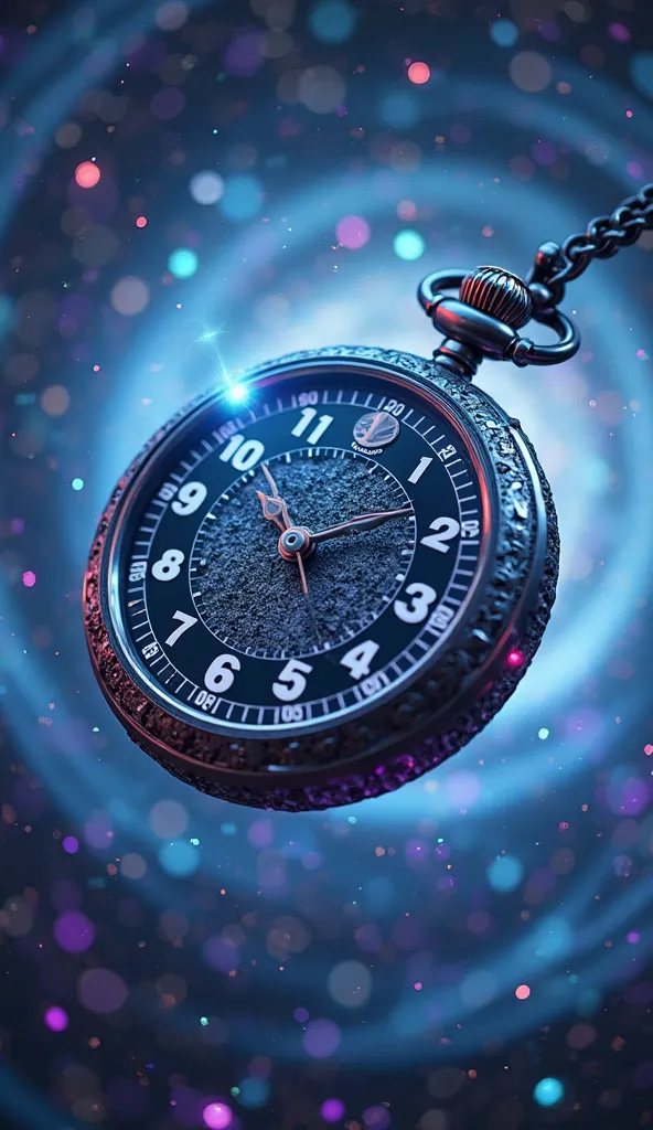 A pocket watch floating in space, but with a technological design. Instead of normal numbers, the watch's markers are important historical data. The surface of the watch has extended circuits, and there is a holographic effect around, as if it were spinnin...