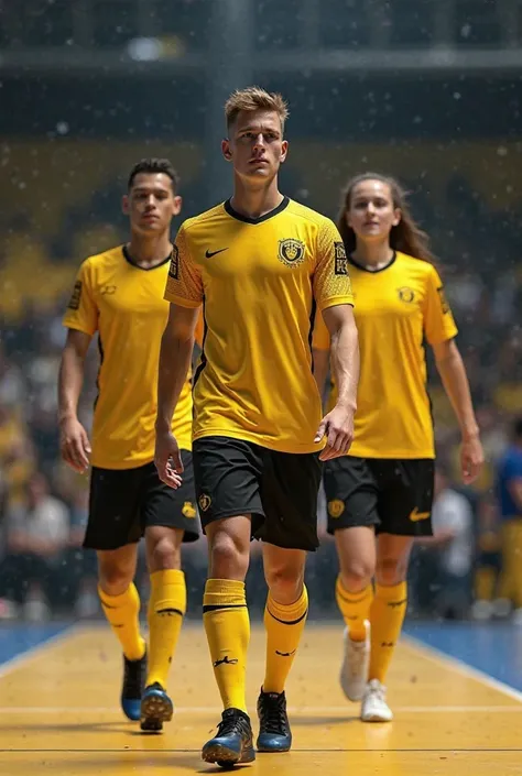 Uniform for a futsal team that has a design with yellow and black colors 