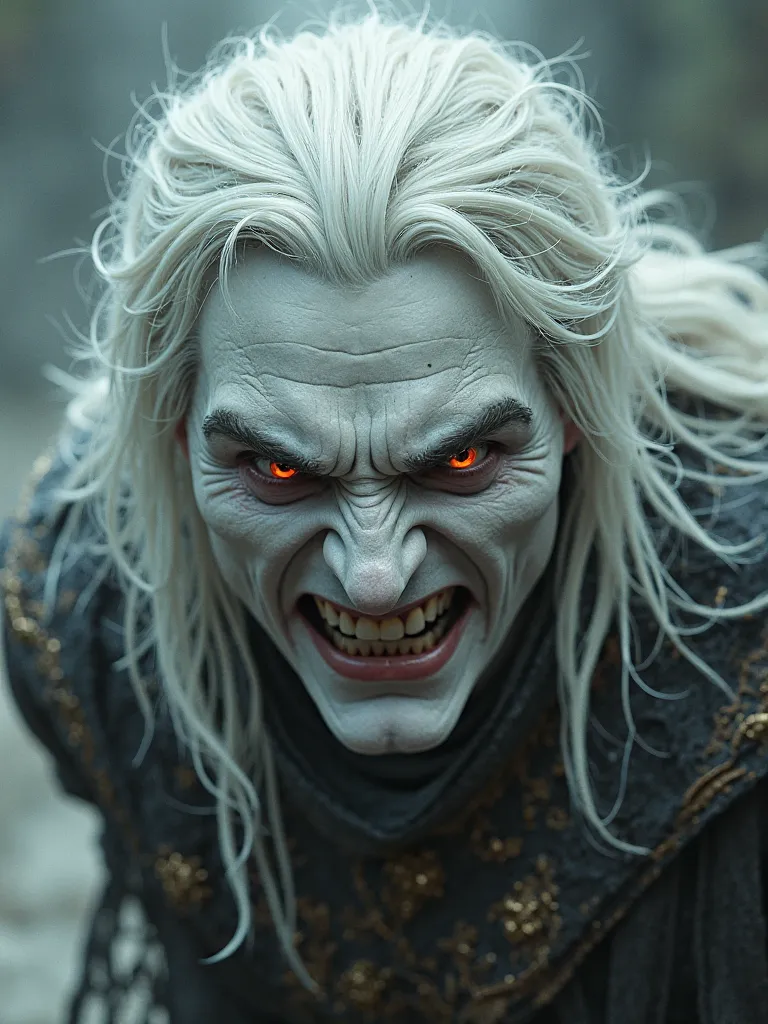 milk-white skinned man, with long white hair and red eyes, Angry look 