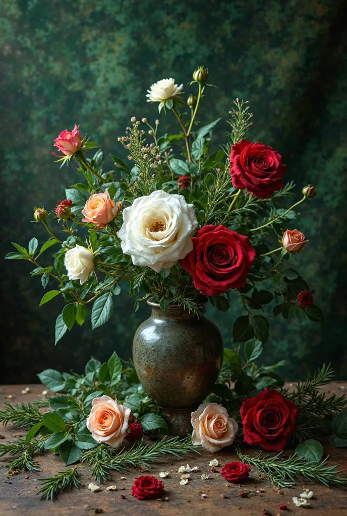 Dark green background with herbs like rosemary, rue, and basil scattered on the floor, a vase with white and red roses.