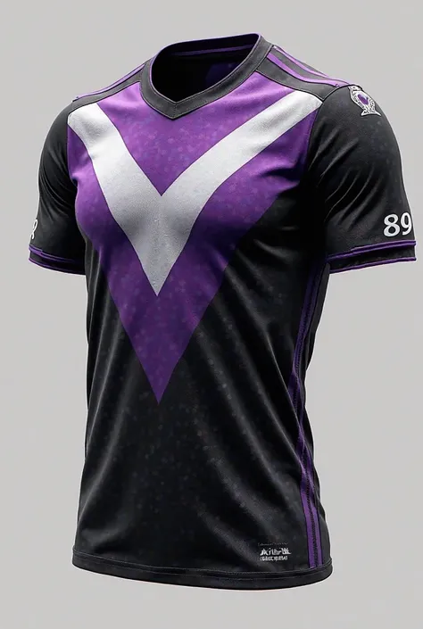 MAKE A SOCCER TEAM JERSEY WITH THE COLORS BLACK, PURPLE AND WHITE, A WHITE RAY IN THE MIDDLE OF THE JERSEY AND SOME HAWKEYE DETAILS ON THE JERSEY SLEEVE