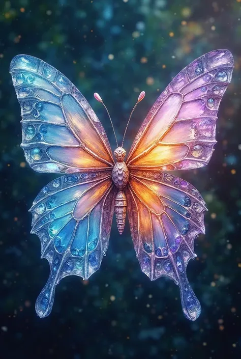 Papillon gem , gem = corps du papillon, la forme taille et couleur de gem changent selon le type de magie, shape, size and color of the wings (fine translucide crystal et l'élément )different depending on the type of magic . Crée une image d'un papillon ge...