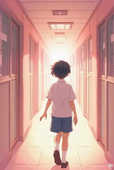 "An anime-style illustration of a shy schoolboy with tan skin, short black hair, wearing a white school shirt and blue shorts, walking towards the classroom corridor and smiling while greeting. The atmosphere has a soft pink hue creating a romantic and dre...