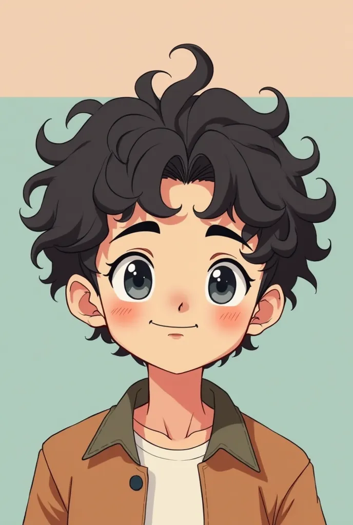 Create me a male character with very curly hair, simple anime style 