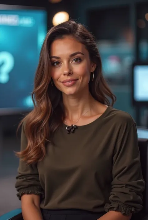  une reporter brune avec un jolie visage dans un studio d’enregistrement moderne elle est légèrement éloignée de l’objectif de la caméra et se tiens face à nous pour nous parler du sujet de son prochain article