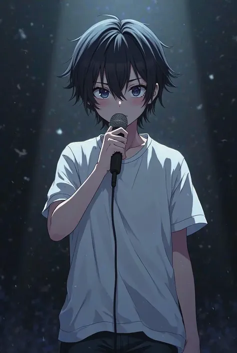 "Create an anime-style illustration of a boy in a white oversized t-shirt, standing on a stage, holding a microphone close to his mouth. His hair falls over his eyes, partially hiding his face, just like in the reference image. The pose and proportions sho...