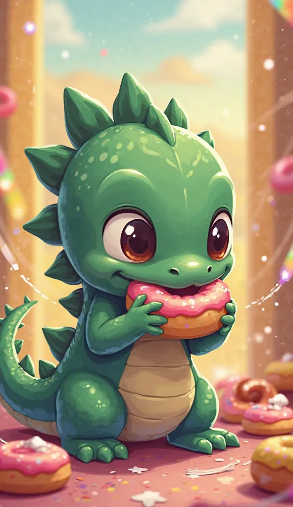 Create an anime cartoon of a baby Godzilla eating a super cute donut with his mouth 