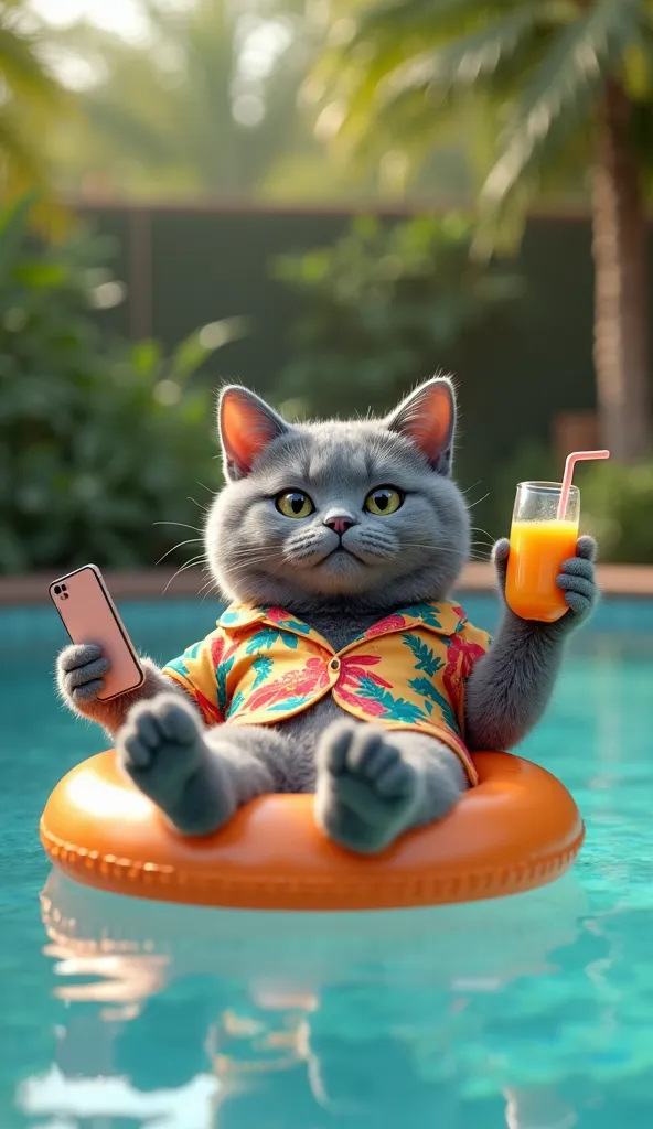 Gray cat in a Hawaiian shirt printed in the pool on the buoy with a cell phone on its paw and an orange juice on the other lying on the buoy at a pool party 