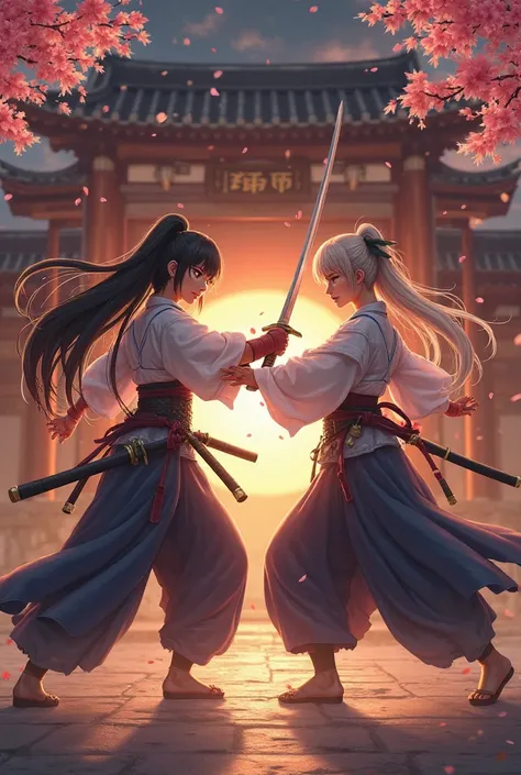 Two female warriors are in epic combat, locked in front of a temple Traditional Japanese. The setting is shrouded in a dramatic atmosphere, the sky in the background in shades of orange and purple,  suggesting sunset . The temple has classic architectural ...