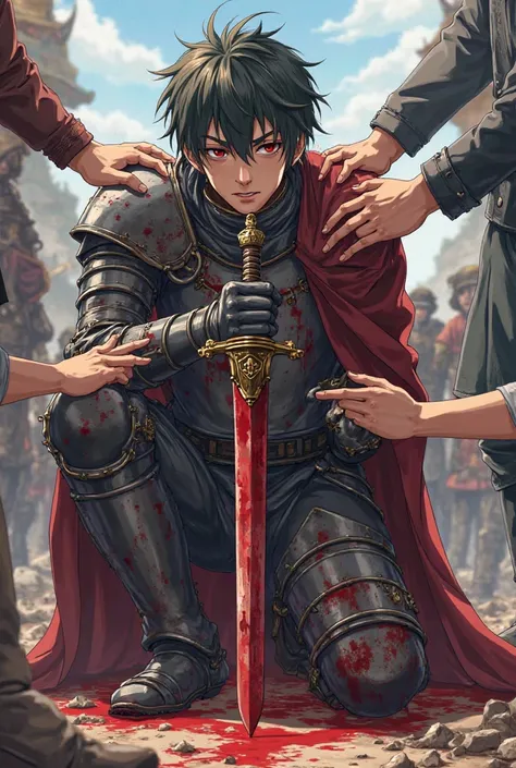 An anime knight bloody from arrows hitting him on one knee almost dead a bunch of hands male and female touching his shoulder telling him not to give up he is using his sword for balance 