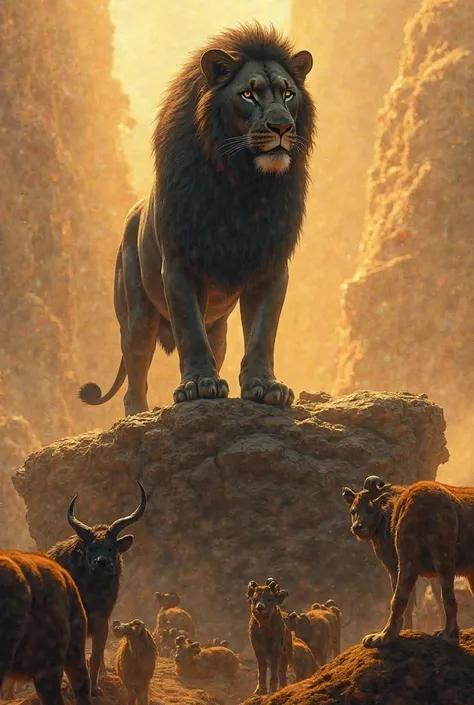 A black lion standing atop a rock, surrounded by bowing animals, with sunlight streaming from the sky."  