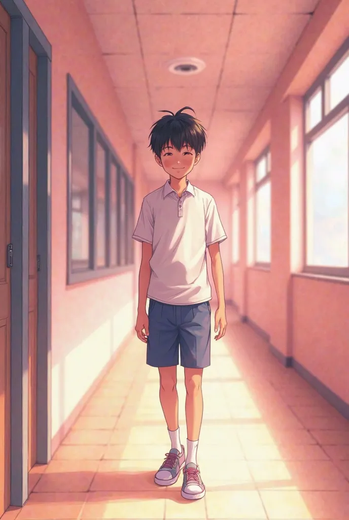 "An anime-style illustration of a shy schoolboy with tan skin, short black hair, Tall, wearing a white school shirt and blue shorts, walking towards the classroom corridor and smiling while greeting. The atmosphere has a soft pink hue creating a romantic a...