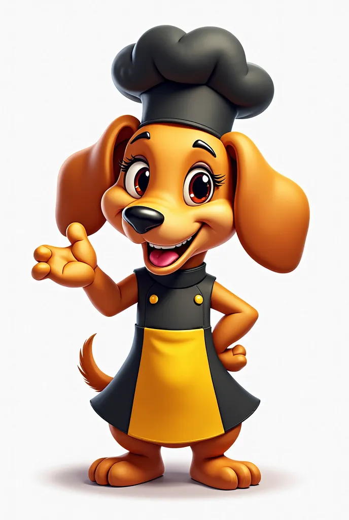 A stylized cartoon dachshund dog character with a friendly and cheerful expression. The dog is caramel or yellow in color, wearing a black and yellow chef's apron and a black chef's hat. The character should have expressive eyes and a confident yet welcomi...