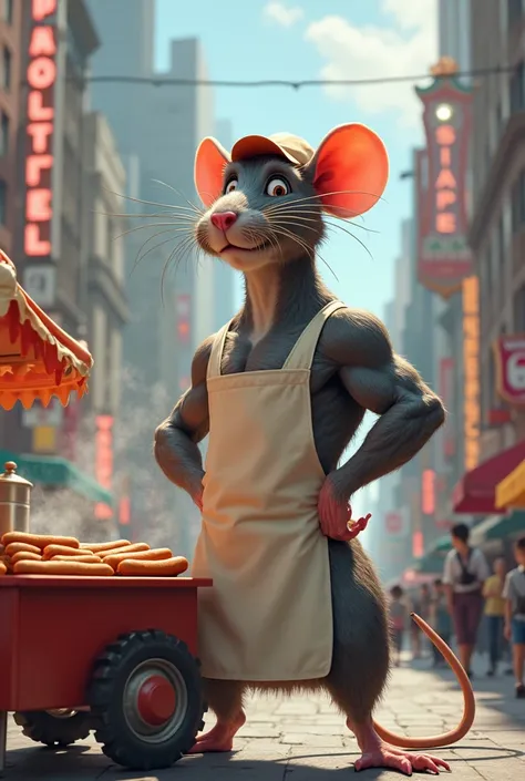 Rat with muscles selling hot dogs in the street