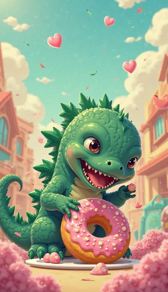 Create an anime cartoon of a baby Godzilla eating a super cute donut with his mouth 