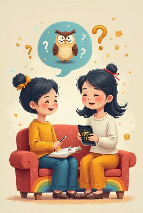 "ren's book illustration style, a Chinese mother and  sitting on a rainbow sofa, mother holding smartphone showing DeepSeek logo interface,  holding homework with question marks, golden traditional Chinese character '問' floating in blue speech bubble, frie...