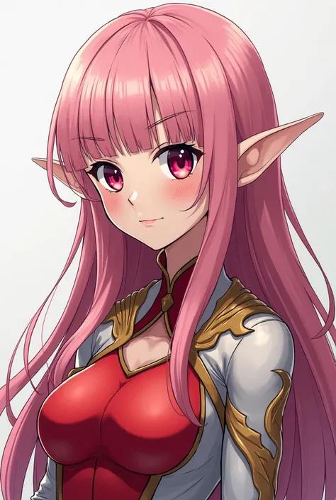 Serious teenage elf girl with long straight pink hair,  with straight bangs , and red eyes wearing heroine costume with an opening in the middle up to the navel revealing her red chest inspired by a Phoenix bird style my hero academy anime style full persp...