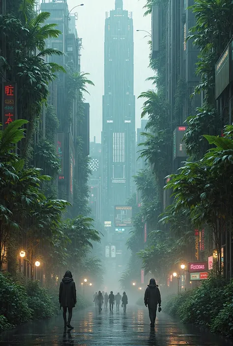 Cyberpunk city full of trees and raining 