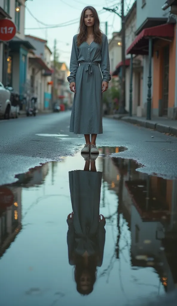 Sofia's reflection in the street appeared in a pool of water. 