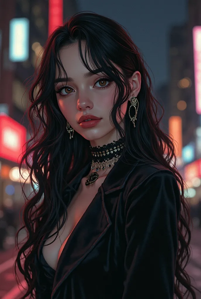 A portrait of a 23-year-old 90's retro anime woman, long-haired parted in the middle, brunette, white skin, brown eyes, dark style, gothic, classy, fancy. She is a mysterious woman. Smart, curious, challenging, intelligent, mysterious, femme fatale. Throug...