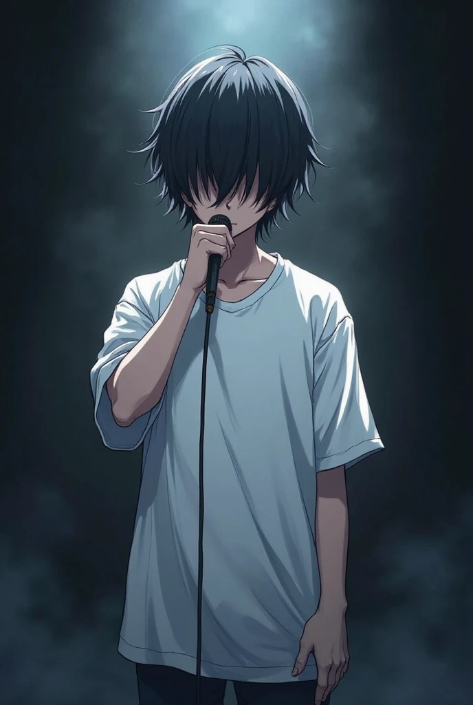 "Create an anime-style illustration of a boy in a white oversized t-shirt, standing on a stage, holding a microphone close to his mouth. His hair completely covers his eyes, making them entirely hidden, just like in the reference image. The pose and propor...