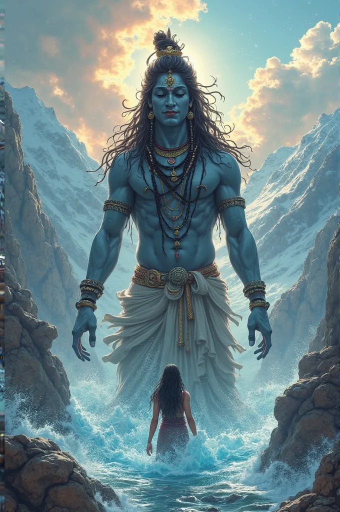 The thumbnail depicts Lord Shiva holding River Ganga in his matted locks. Bhagirath is shown performing penance, and Ganga's stream is flowing from heaven to Earth. The background features a celestial sky and the Himalayas, enhancing the divine essence of ...