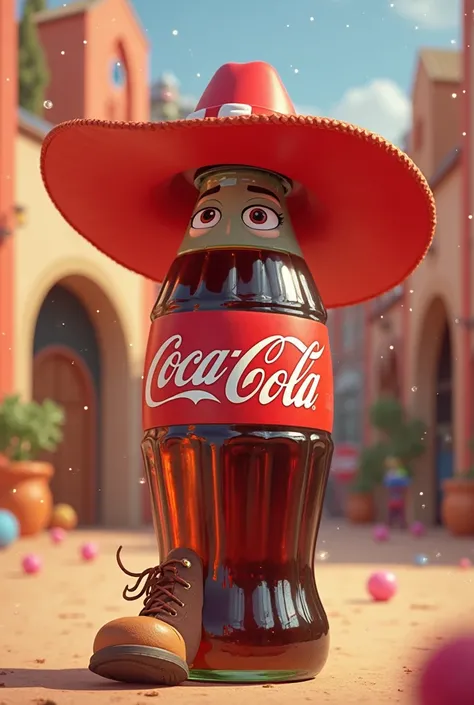 Make a 3D animation, a drawing, From a Coca-Cola bottle with a happy cartoon face, wearing red cowboy hat and brown boots