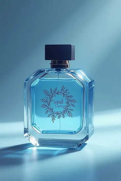 Create an image of a cologne with the logo small charms in the color blue