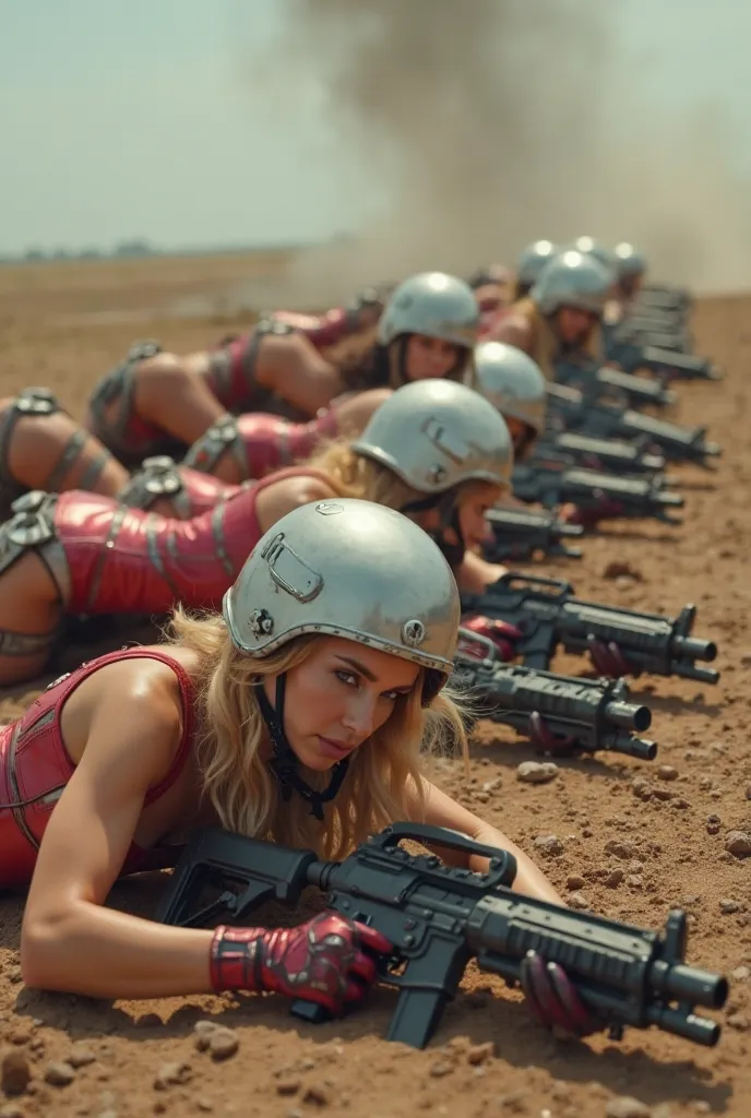 A row of beautiful blonde cybernetic women, wearing metallic red sleeveless bikinis, boots, silver helmets, laser rifles on the ground, lying face down on the ground defeated on a battlefield, smoke coming out