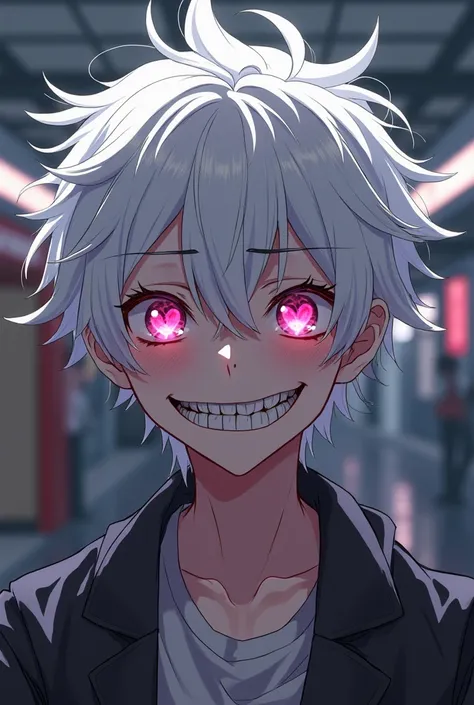 A yandere young man with short messy white hair and pink eyes with hearts, flustered with a psychic smile on his face and a lovesick expression. In a train station. Anime style. 