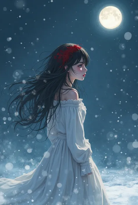 Create me a girl who simply looks in the snow to the moon and has tears in her eyes, She is wearing a win long sleeve top that is shoulder-free and a knee-length white skirt, There is a bloody wound on her head