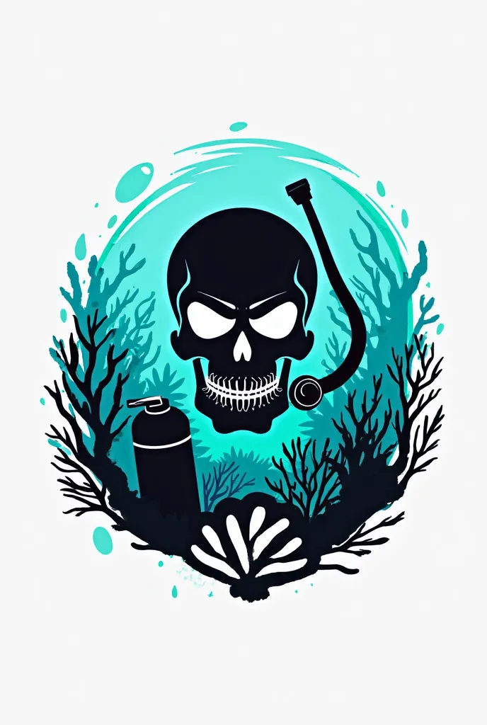 Genere un logo d’un club de plongée avec un crane et un detendeur dans la bouche avec les couleur noir et turquoise. The logo should include the silhouette of diving tanks and corals in the background.. The logo should be schematic 