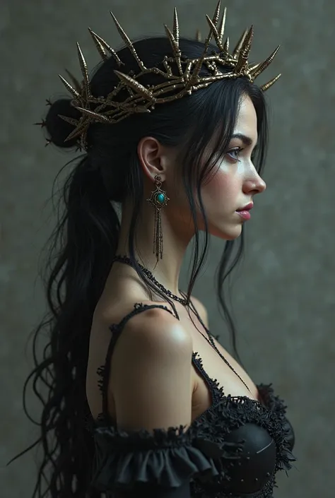 3d model, beautiful skinny girl in crown of thorns, more spikes, in the style of realistic and hyper-detailed renderings, anime-inspired characters, realistic portraiture, heistcore, dragoncore, realistic figures, delicate realism, dark colors