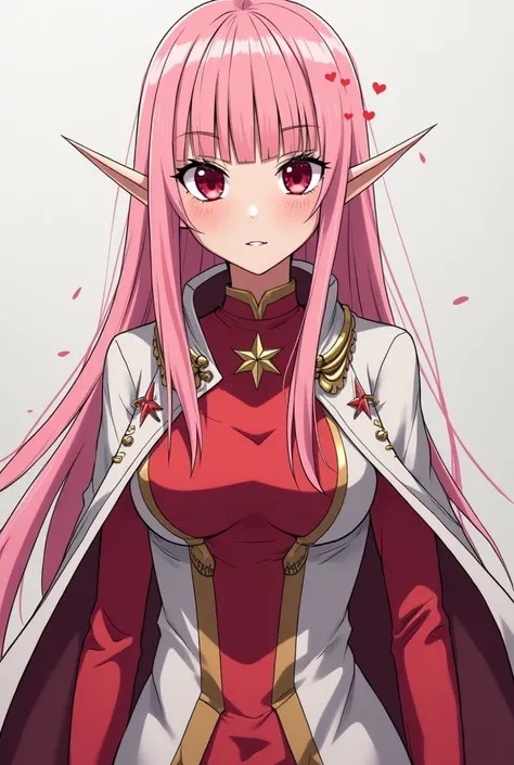 Serious age elf girl with long straight pink hair,  with straight bangs , and red eyes wearing heroine costume with a very long opening in the middle, revealing her red chest inspired by a Phoenix bird style my hero academy anime style full perspective dra...