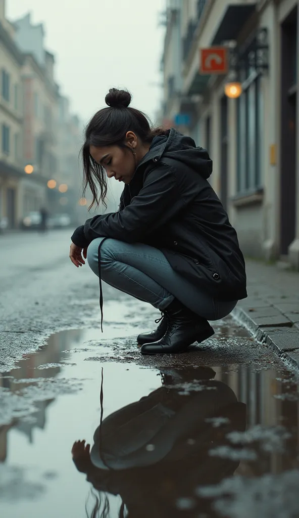 Sofia is squatting, looking at her reflection in a puddle on a blurry street..  