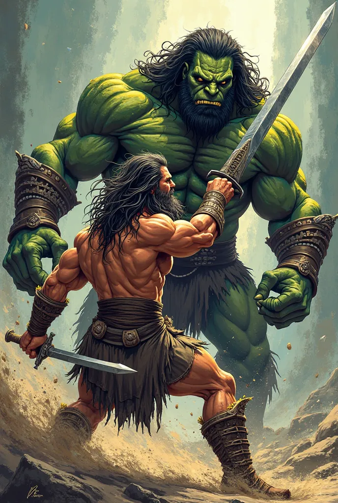 ((( cartoon))), (((COMIC BOOK STYLE))), (((COLORED))), (((lineart))), (((outline in black ink))), (((MARKED))), (((COLORFUL COMIC CARTOON))) REALISTIC OF A (((BARBARIC MAN WITH LONG HAIR AND A SWORD IN HIS HAND FIGHTING A GREEN ORC))), ((( Conan style ))),...