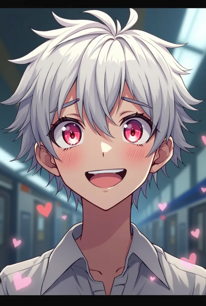 A yandere young man with short messy white hair and pink eyes with hearts, flustered with a grin on his face and a lovesick expression. In a train station. Anime style. 