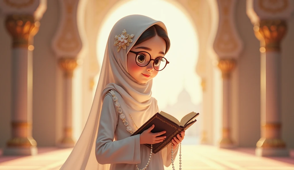 Animated image of A young girl dressed in a flowing white hijab and gown, standing in a beautifully lit mosque. She holds a Quran gently in her hands, with a serene and peaceful expression. She wears elegant glasses and has a delicate flower accessory on h...