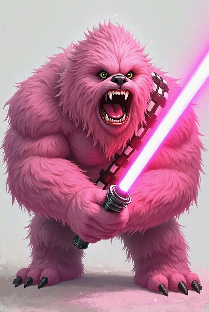 Um chubaka rosa pink, muscular and with anime design. He's growling and holding a pink lightsaber. 