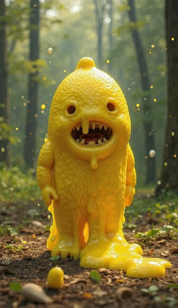 Create a 3D illustration of a movie poster "Lemon Jackpot" with a yellow vomit lemon monster object with a plastic filled with yellow water and a clip containing tobacco to create the impression of a cigarette butt. For the size of the poster portrait the ...