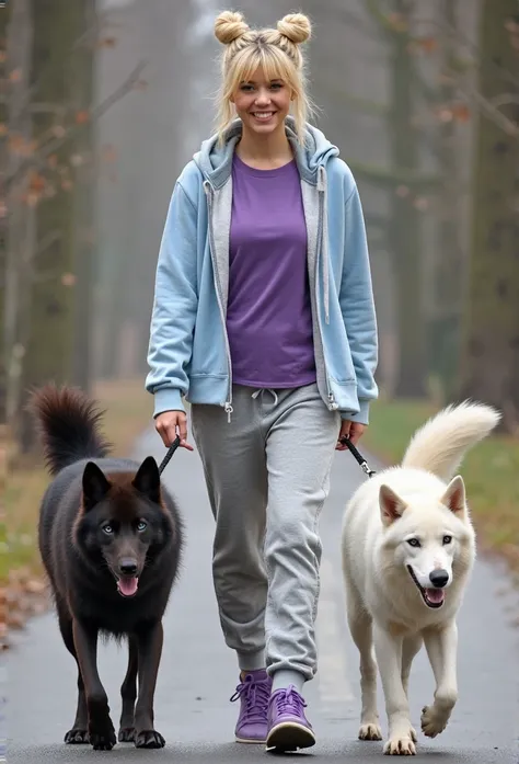 Asian/Scandinavian woman. Blonde hair with twin buns, bangs and braids. Bright blue eyes. Smiling.tall, Athletic, intimidating. Grey sweat pants, Violet t-shirt, baby blue hoodie. Purple sneakers.  Walking two dog/Wolf's. One black. One white.