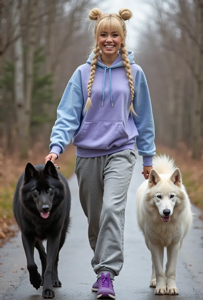 Asian/Scandinavian woman. Blonde hair with twin buns, bangs and braids. Bright blue eyes. Smiling.tall, Athletic, intimidating. Grey sweat pants, Violet t-shirt, baby blue hoodie. Purple sneakers.  Walking two dog/Wolf's. One black. One white.