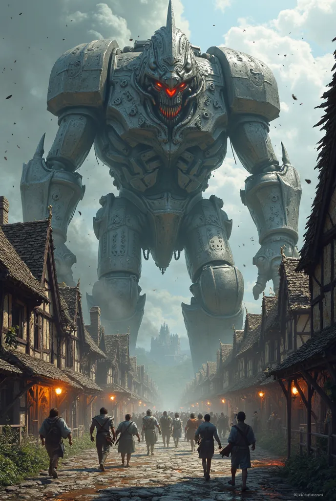 Generate a medieval town being attacked by an iron golem 